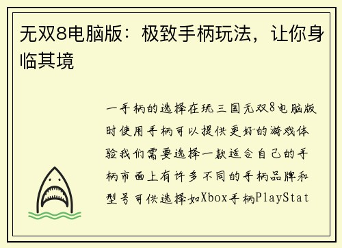 无双8电脑版：极致手柄玩法，让你身临其境