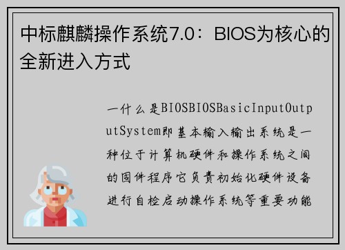 中标麒麟操作系统7.0：BIOS为核心的全新进入方式